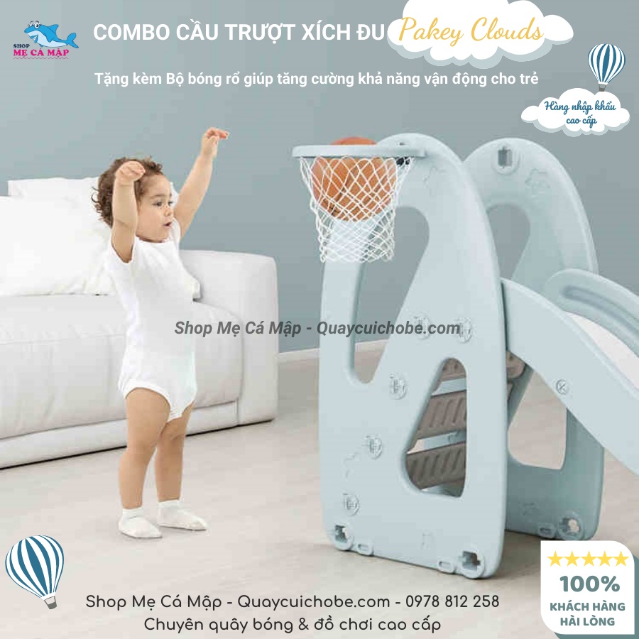 Cầu trượt cho bé Pakey Cloud TẶNG KÈM BÓNG RỔ, cầu trượt cao dày dặn chịu tải trọng 80kg