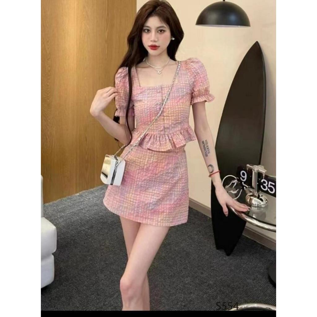 Set áo váy nữ tay bồng Quảng Châu thiết kế áo cổ vuông và chân váy ngắn chữ A siêu xinh