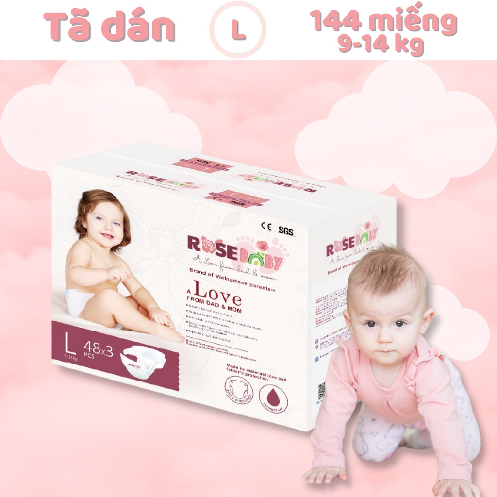 Thùng Bỉm Dán ROSE BABY Size L (144 miếng)