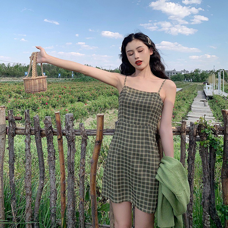 Váy Nữ Đầm Dây Hở Lưng Họa Tiết Kẻ Sọc