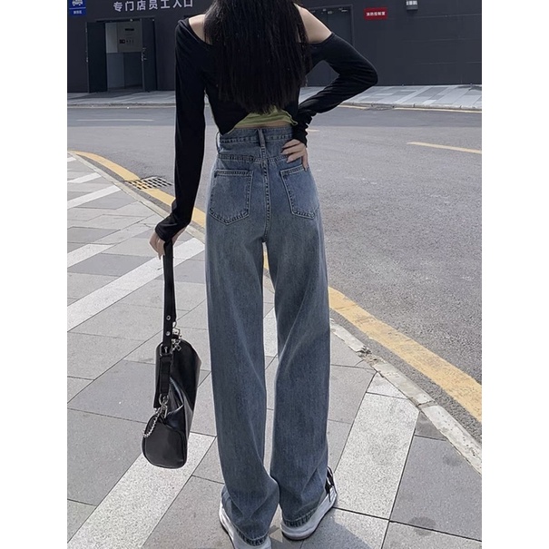 Quần Jeans Ống Suông Lưng Cao Catty Bigsize, Quần Ống Rộng Lưng Cao bigsize nữ xanh đá trơn