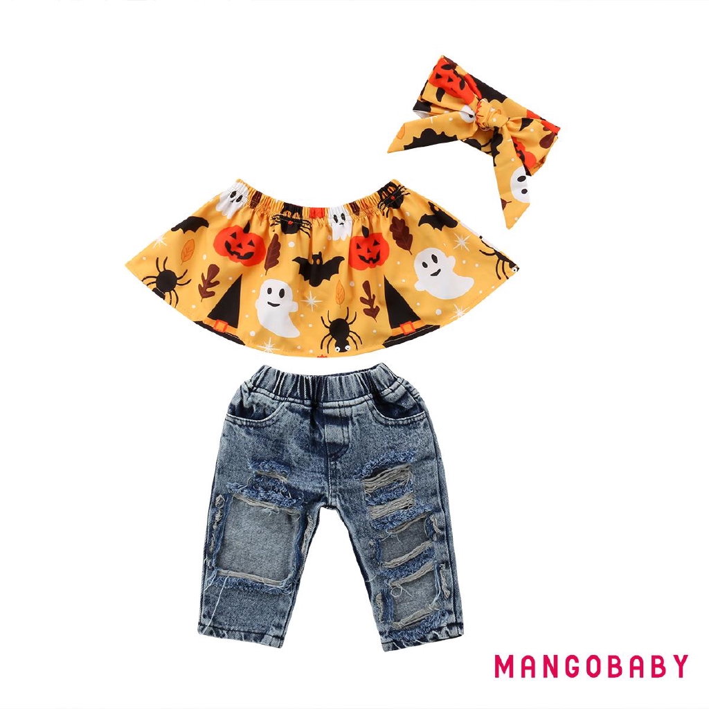 Set 3 Món Áo Trễ Vai + Quần Denim + Băng Đô Cho Bé Gái