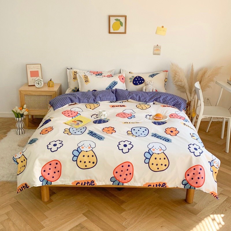 Bộ chăn ga cotton poly Bo Decor chăn ga Hàn Quốc họa tiết Gấu và Thỏ đủ size miễn phí bo chun