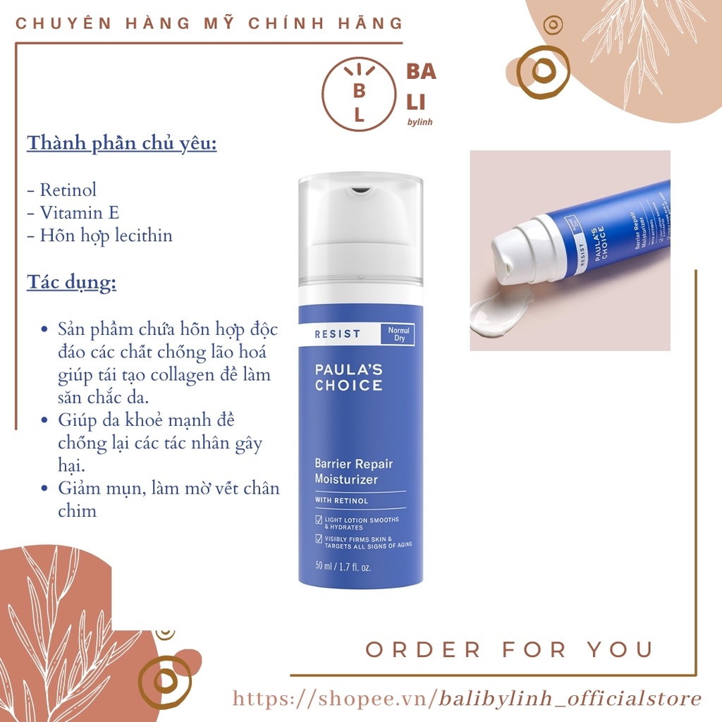 Kem dưỡng ẩm tái tạo da, ngăn ngừa lão hóa Paula’s Choice Resist Barrier Repair Moisturizer Skin with Retinol 50ml