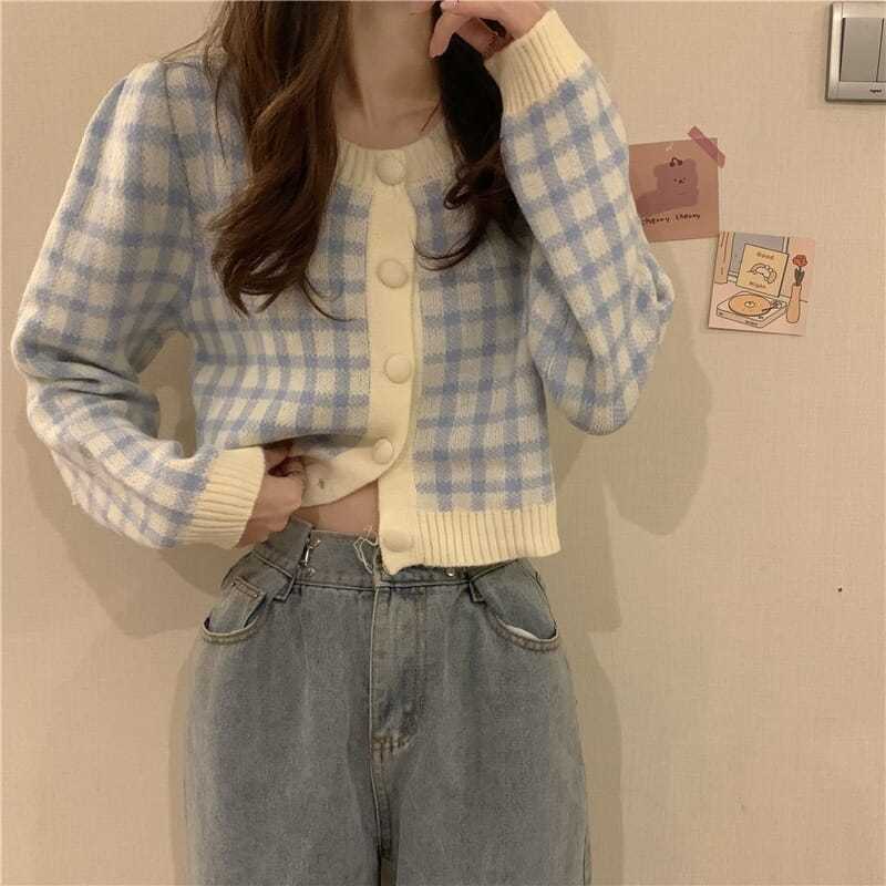 Áo Cardigan Len Tay Dài Dáng Ngắn Họa Tiết Kẻ Sọc Thời Trang Mới Cho Nữ