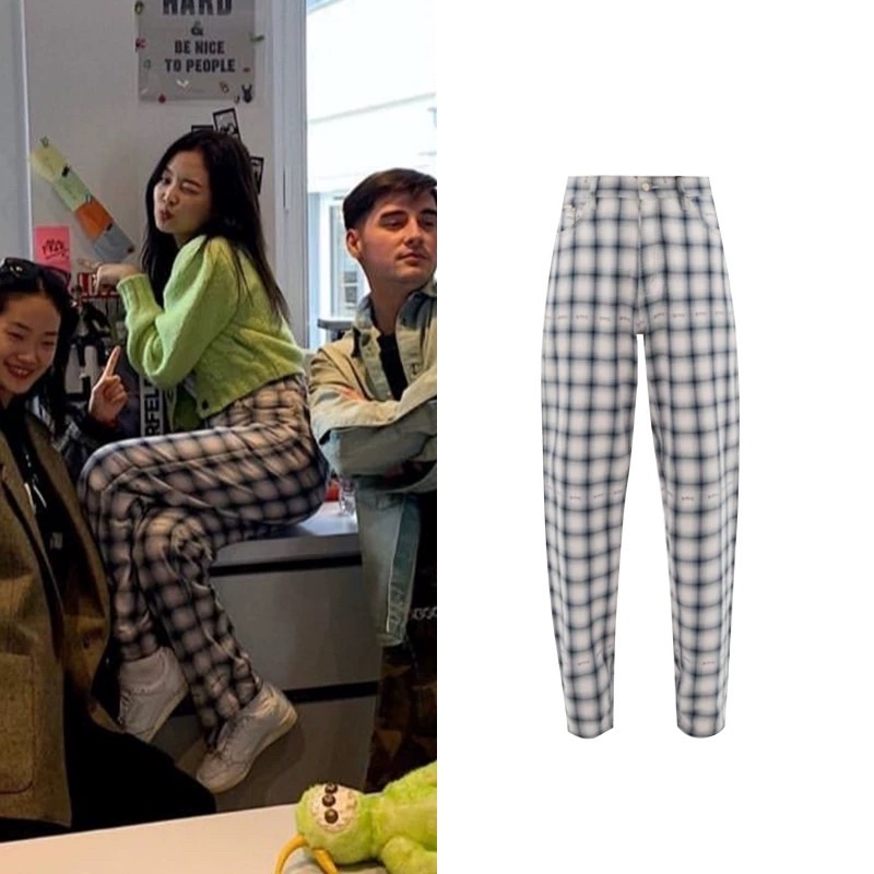 Set áo cardigan xanh lá và quần kẻ sọc caro giống Jennie BLACKPINK