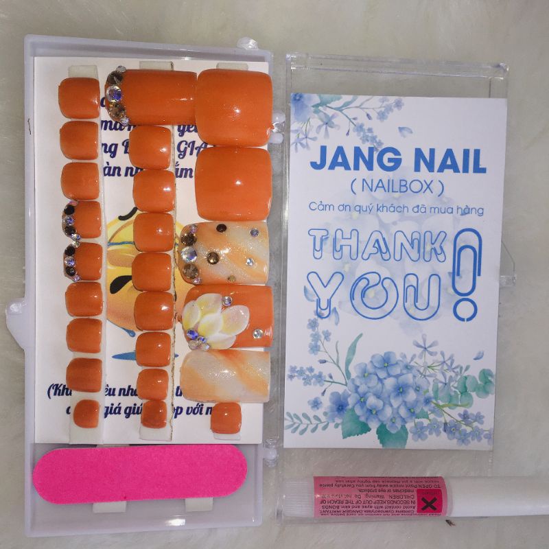 Nailbox/ Bộ 24 móng úp chân sẵn/ Móng chân giả màu cam đất loang đính đá đắp hoa