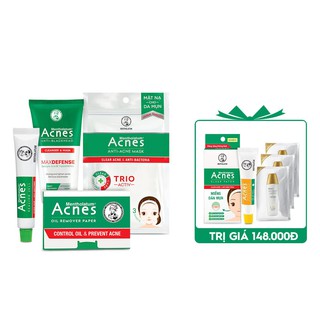 Bộ sản phẩm Acnes ngừa mụn đầu đen và kiểm soát nhờn +Tặng hộp miếng dán mụn &Gel mờ thâm Acnes+3 Gói chống nắng Sunplay
