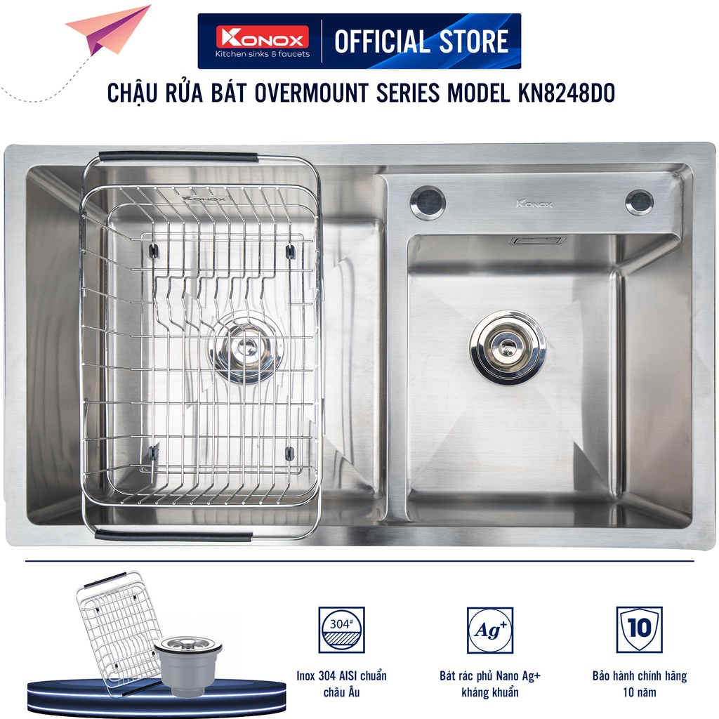 Chậu rửa bát inox KONOX Overmount Series KN8248DO, inox 304, full set gồm Siphon+Giá úp bát inox