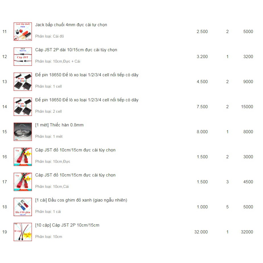 [Combo] Mạch sạc pin 18650 + Cáp JST + Jack bắp chuối + Thiếc hàn + Đế pin 18650 + Bo Micro USB DIP