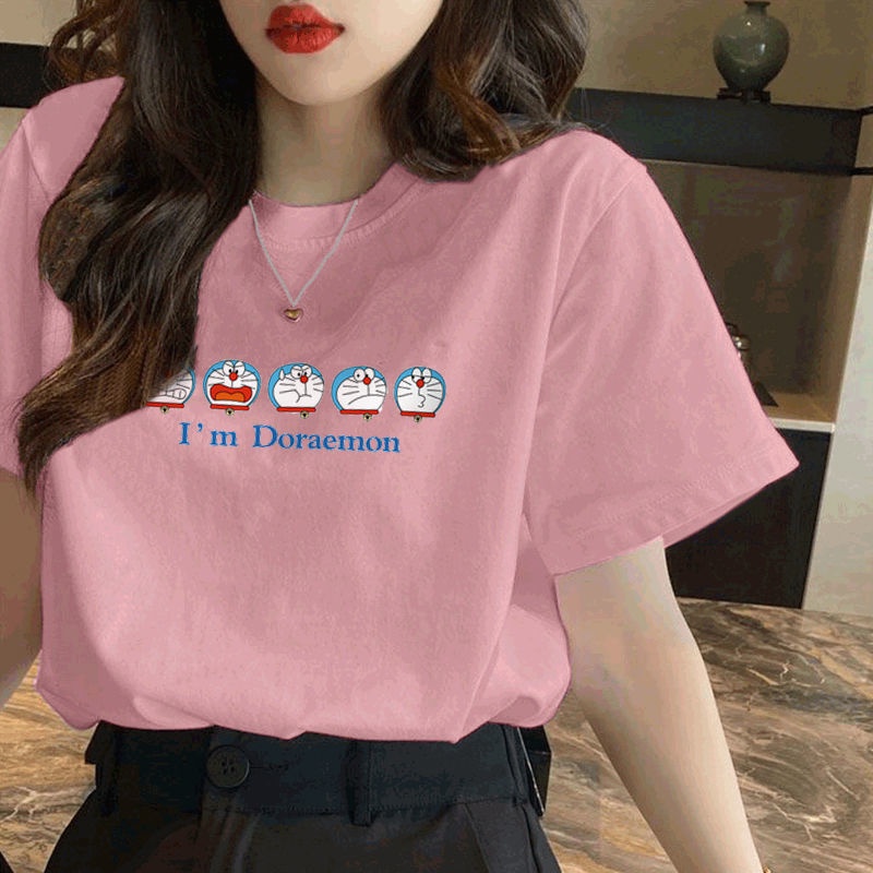 Áo Thun cotton Tay Lỡ Form Rộng In Hình Doraemon Thời Trang Cho Nữ