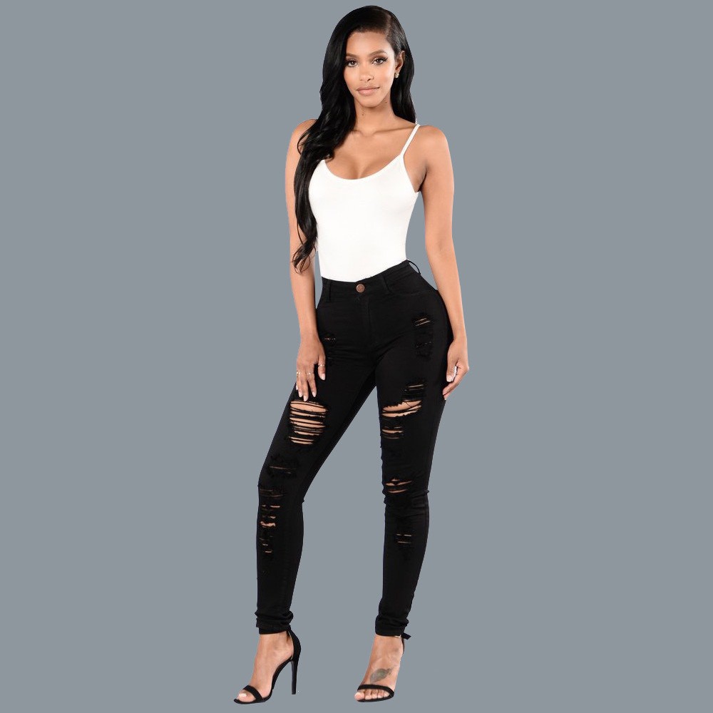 Quần jean nữ BIG SIZE 9 tấc rách kiểu màu đen tuyền dành cho người béo 3619