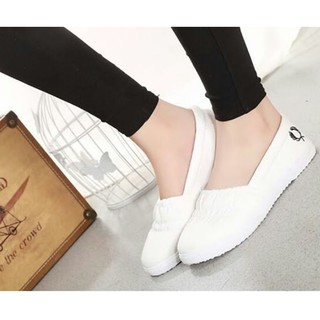 Giày lười nữ vải mềm mũi tròn đế bệt cao 2cm trắng xám