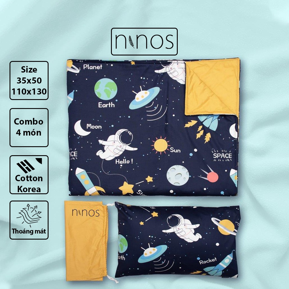 Combo chăn gối mền cho bé đi học họa tiết vũ trụ phi hành gia Ninos