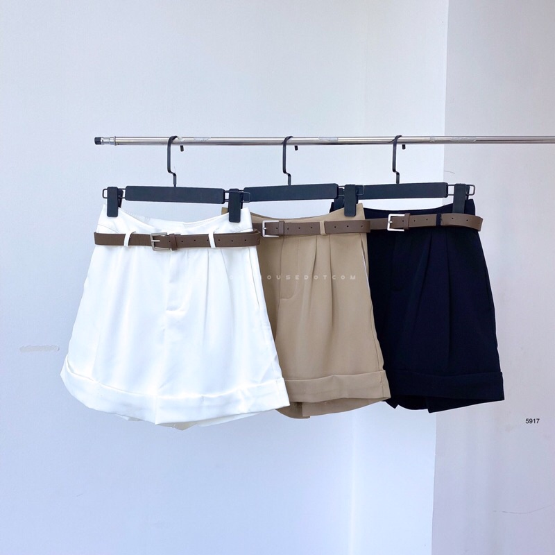 Quần short nữ, quần short vải gấp gấu kèm thắt lưng nâu mặt sắt 5917