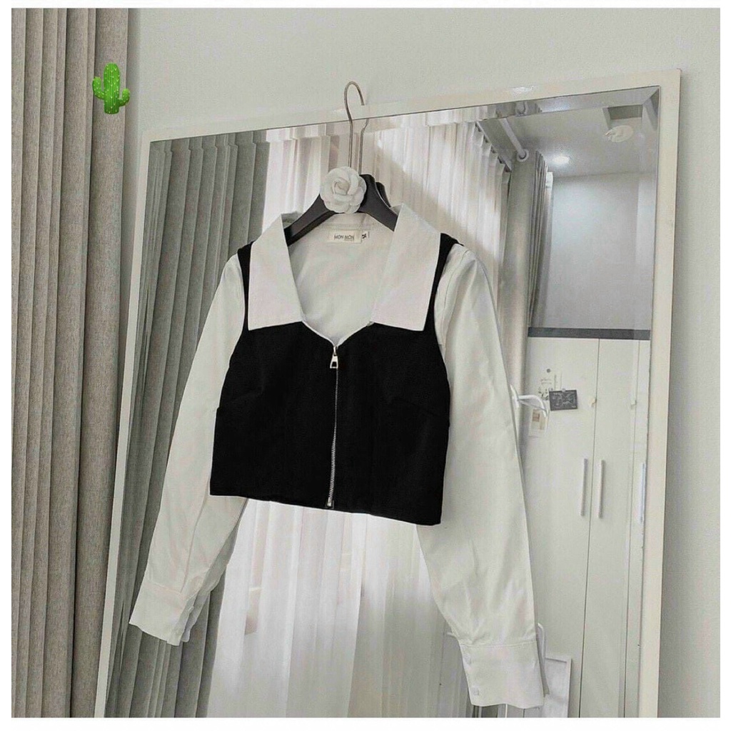 Áo sơ mi tay dài phối thun đen dây kéo giữa cực xinh ( ảnh thật )