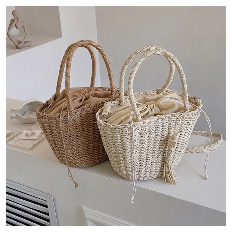 Túi cói Xô Bucket - quai xách và dây đeo -phụ kiện hột gỗ tua rua