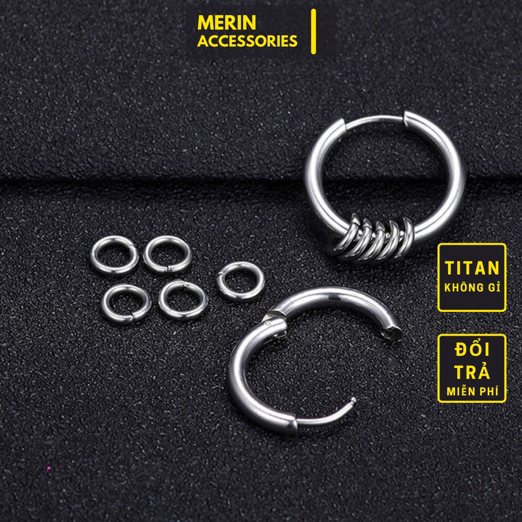 Khuyên tai nam tròn dạng xỏ Merin Accessories màu bạc đen đơn giản đẹp - Hoa tai HPer