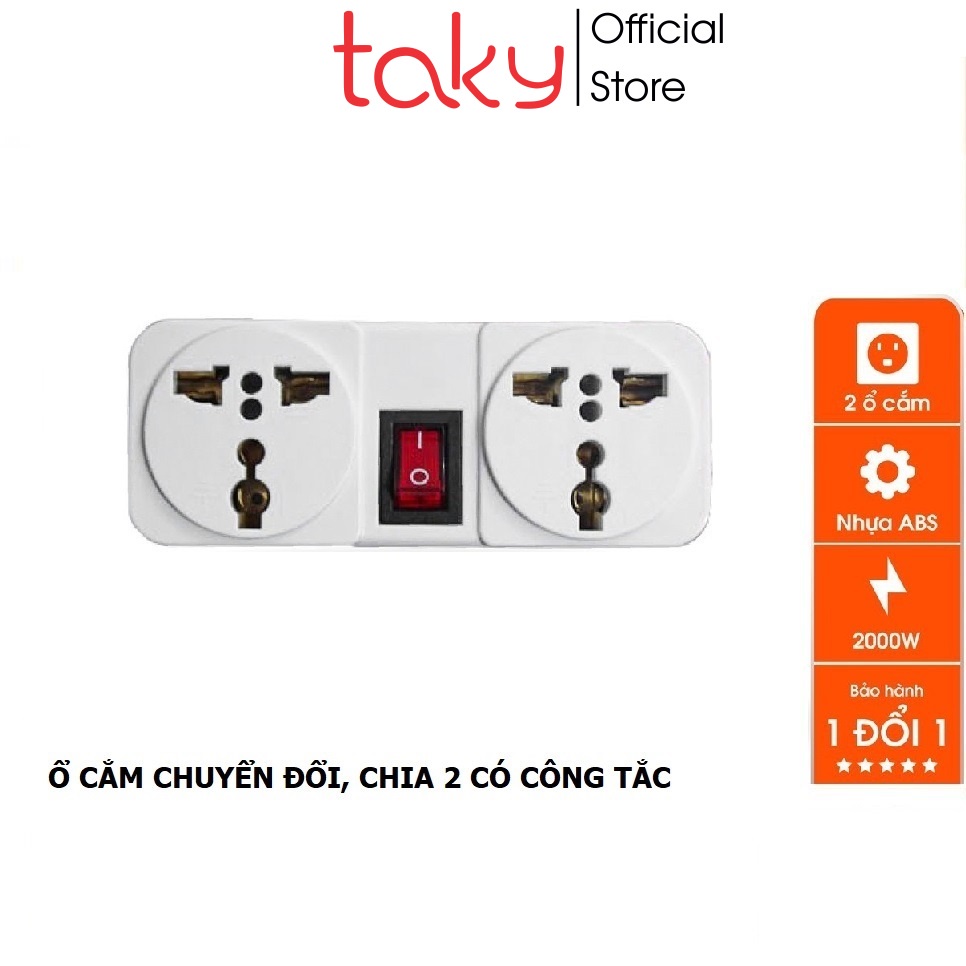 Ổ Cắm - Taky, Chia 2 Phích Cắm Kèm Công Tắc, Chuyển Từ 1 Ổ Sang 2 Ổ 3 Chấu, Công Suất 2000W, ABS chống cháy - 8606