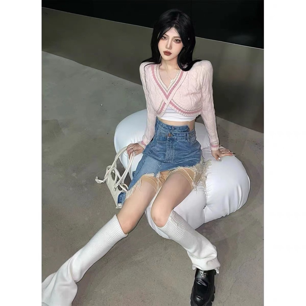 Chân váy denim lưng cao dáng chữ a rách gối phong cách Âu Mỹ thời trang cho nữ tKRQ