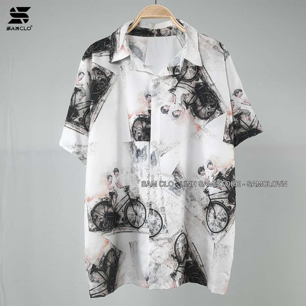 Áo sơ mi nữ in 3D cổ bẻ tay ngắn - lỡ dáng ulzzang freesize form rộng unisex mặc cặp, nhóm, in HÌNH XE ĐẠP MÀU VINTAGE
