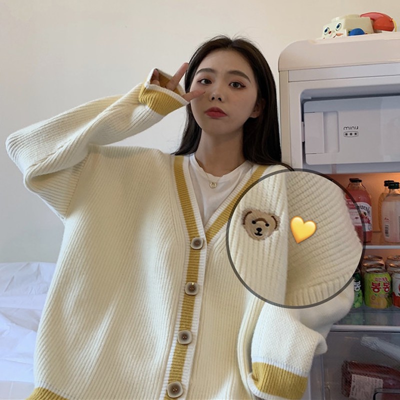 Áo len cardigan phối thêu gấu Ulzzang HQ kèm ảnh thật