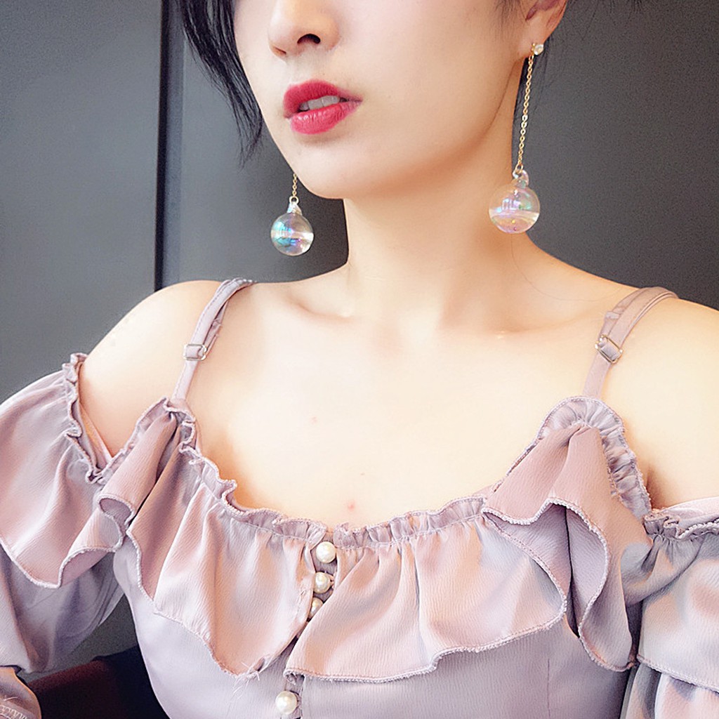 Đôi khuyên tai dài hình quả cầu thủy tinh thời trang cho nữ