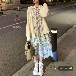 (ORDER) Váy voan hoa trắng xòe 3 tầng cổ thắt nơ dài tay mùa thu điệu đà dịu dàng Hàn Quốc (Hàng_mới_về)