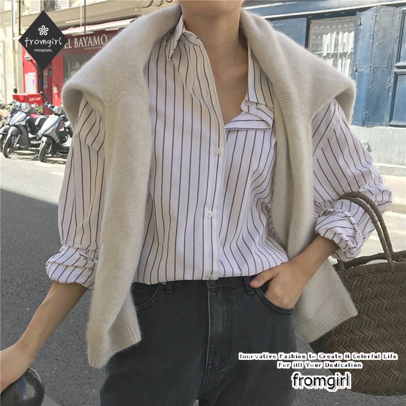Áo sơ mi dáng rộng kẻ sọc thời trang retro Hàn Quốc cho nữ