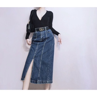 Chân váy jean midi xẻ tà trước