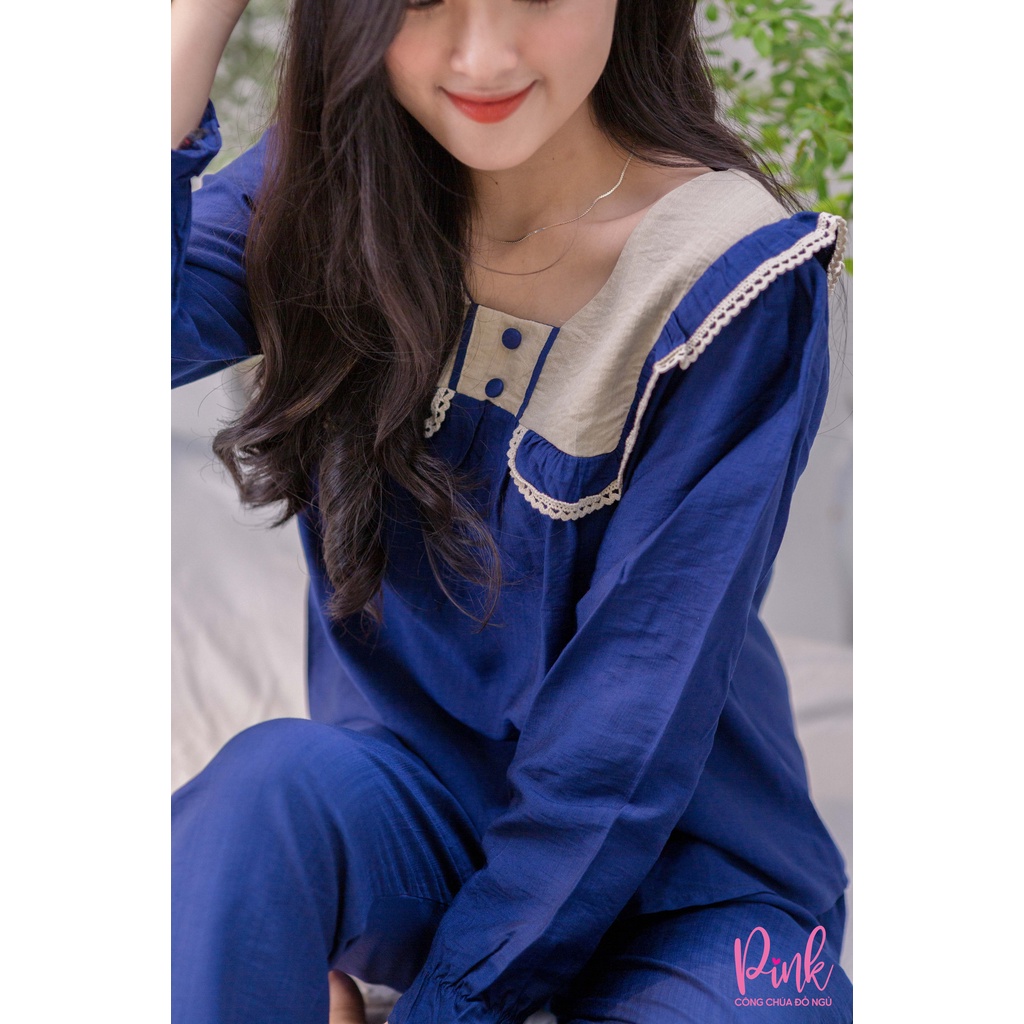 Bộ Đồ Ngủ Pijama Nữ Xanh Dương Vải Đũi Xốp Bộ Mặc Nhà Tay Dài Quần Dài Thoáng Mát Chất Đẹp Cao Cấp Phong Cách Hàn Quốc