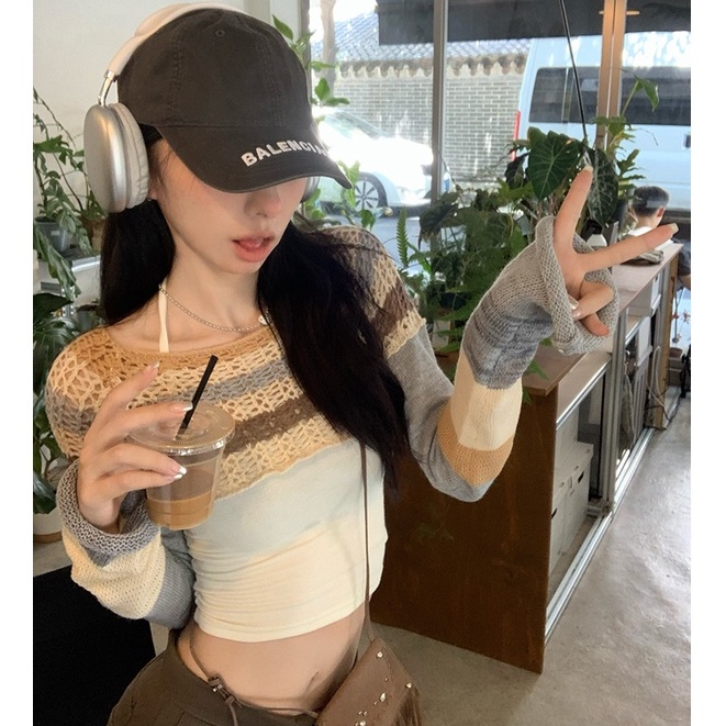 QKOOLE Áo croptop  dệt kim tay dài phong cách cổ điển Hàn Quốc cho nữ
