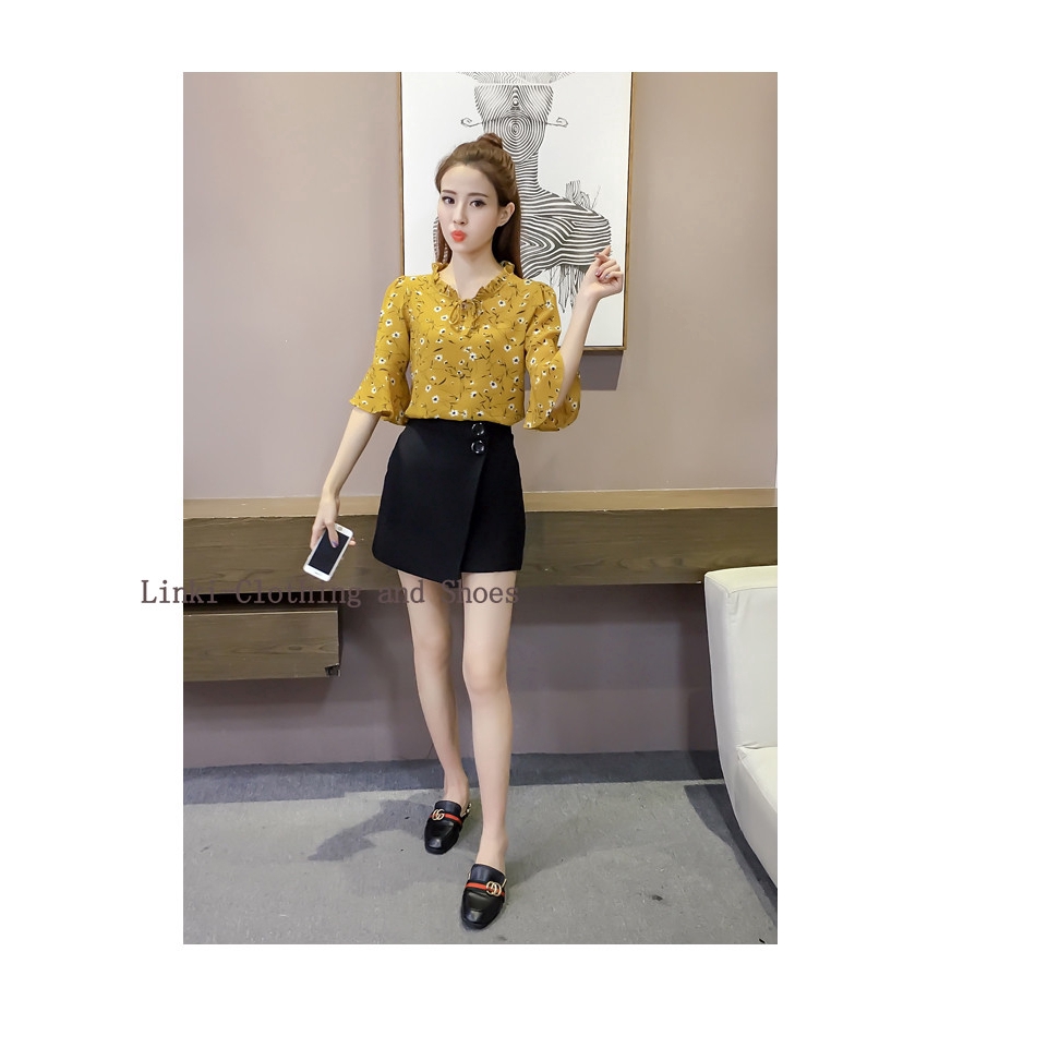 Áo sơ mi chiffon phong cách Hàn Quốc tay loe họa tiết in hoa cho nữ