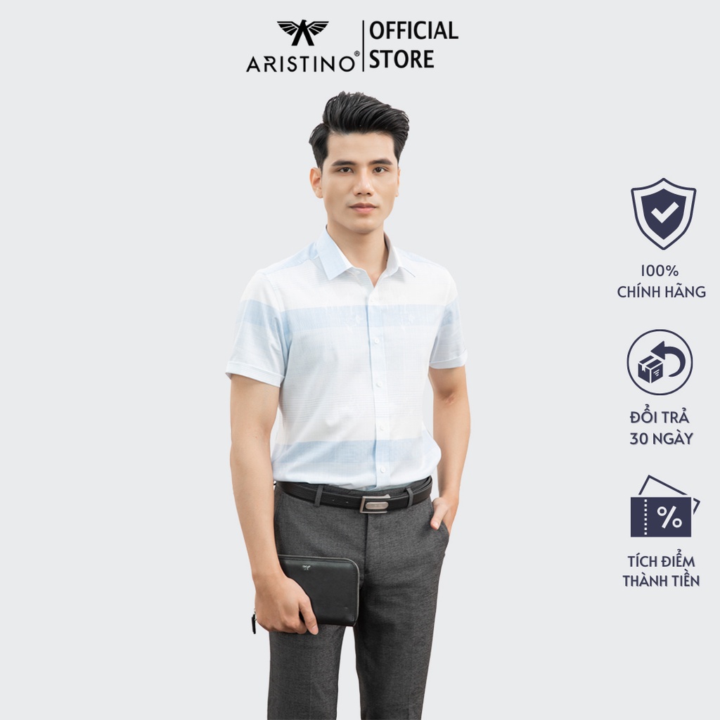 Áo sơ mi nam ngắn tay ARISTINO họa tiết kẻ xanh trắng trẻ trung, thanh lịch -ASS043S1