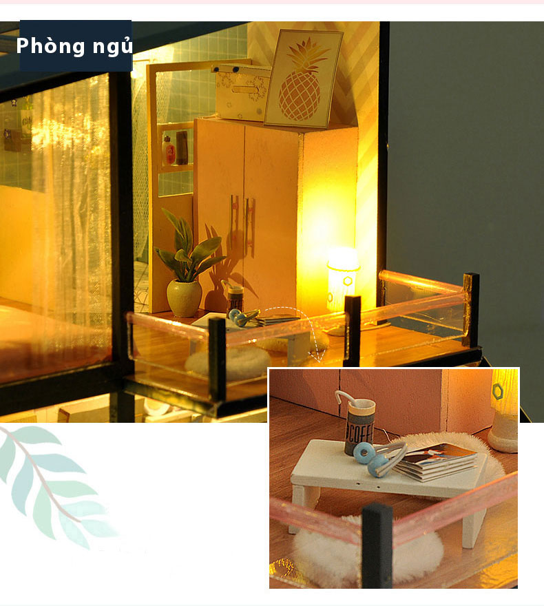 Nhà búp bê lắp DIY Dollhouse ghép bằng gỗ Mẫu Ngôi Nhà Nàng Tiên Cá tặng kèm Cót Nhạc ,MICA chắn bụi, dụng cụ lắp g