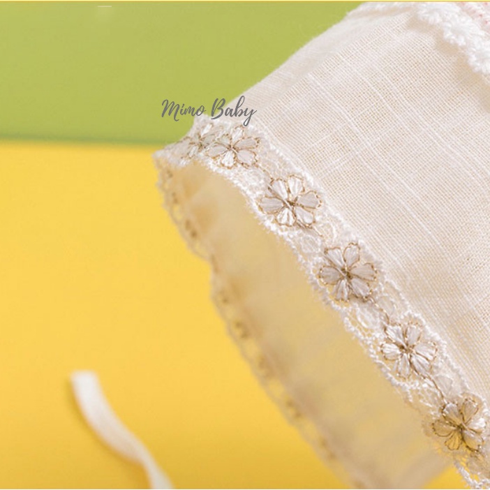 Mũ nón tiểu thư vải đũi phối ren thêu hoa xinh xắn cho bé gái MTT141 Mimo Baby
