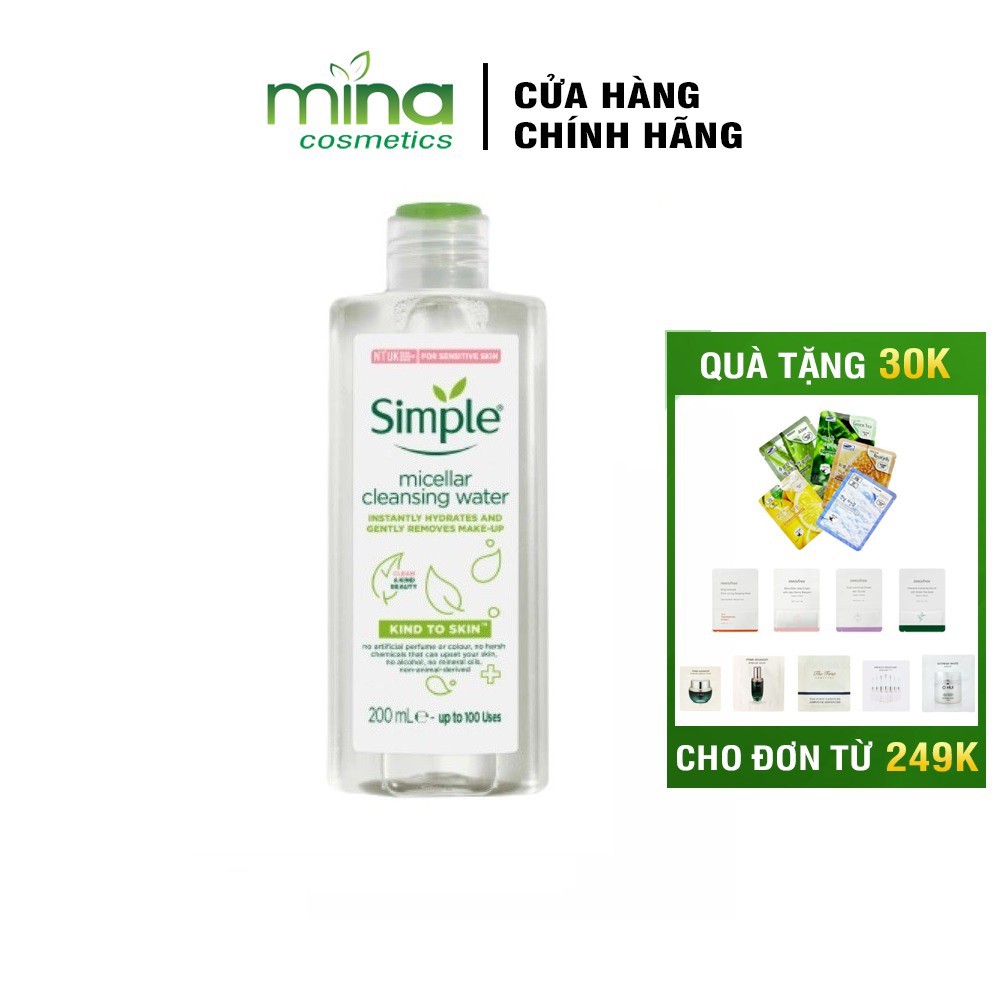 [Full Tem] Nước Tẩy Trang Simple Dịu Nhẹ Kind To Skin Micellar Water 200ml