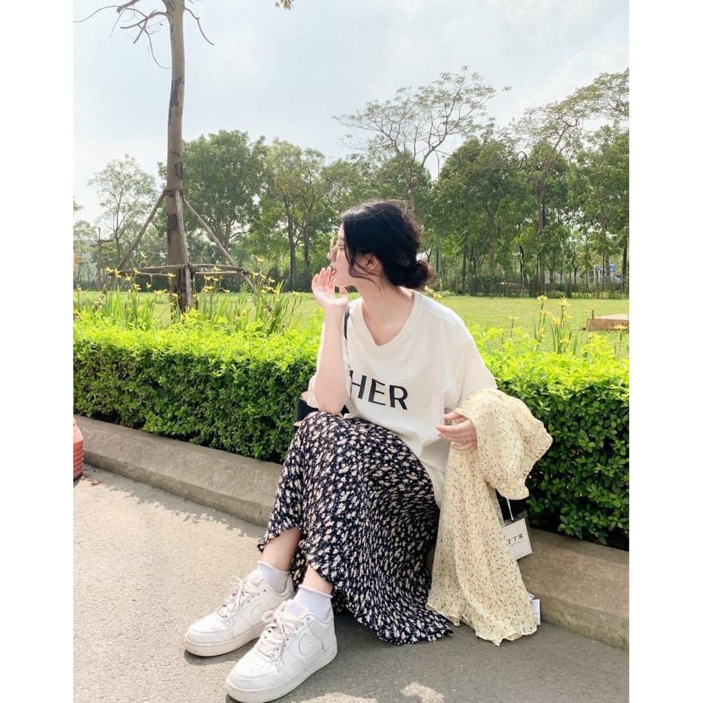 Set Váy Hoa Nhí Áo Phông Chân Váy Chữ A[FREESHIP] Áo thun tay lỡ form rộng đầm hoa dài nữ màu đen | BigBuy360 - bigbuy360.vn