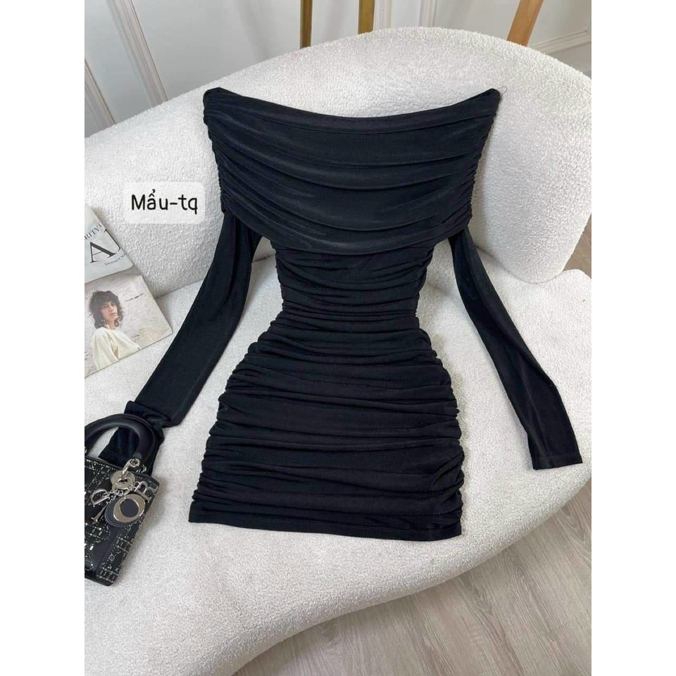 (Sale FreeShip) Đầm body nhủ kim sa,đầm thiết kế nhún bẹt vai tay dài,hàng chuẩn shop,lên from xuất sắc diện lên chanh s