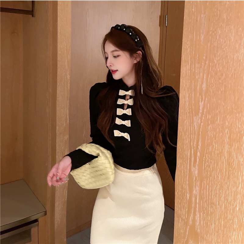 Áo sơ mi công chúa tay dài cổ thắt nơ màu sắc ngọt ngào phong cách Trung Hoa thời trang cho nữ