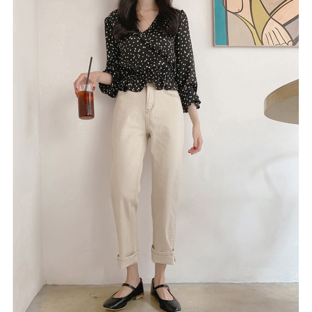 Áo Kiểu Tay Dài Hoạ Tiết Hoa Thiết Kế Cổ Chữ V Nữ Tính 30874