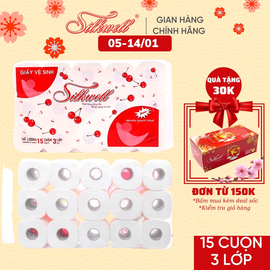 Giấy vệ sinh Silkwell Cherry 15 cuộn 3 lớp có lõi cao cấp