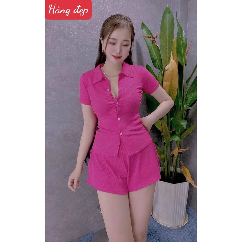 sét bộ đùi thun gân áo phối nút ngắn tay