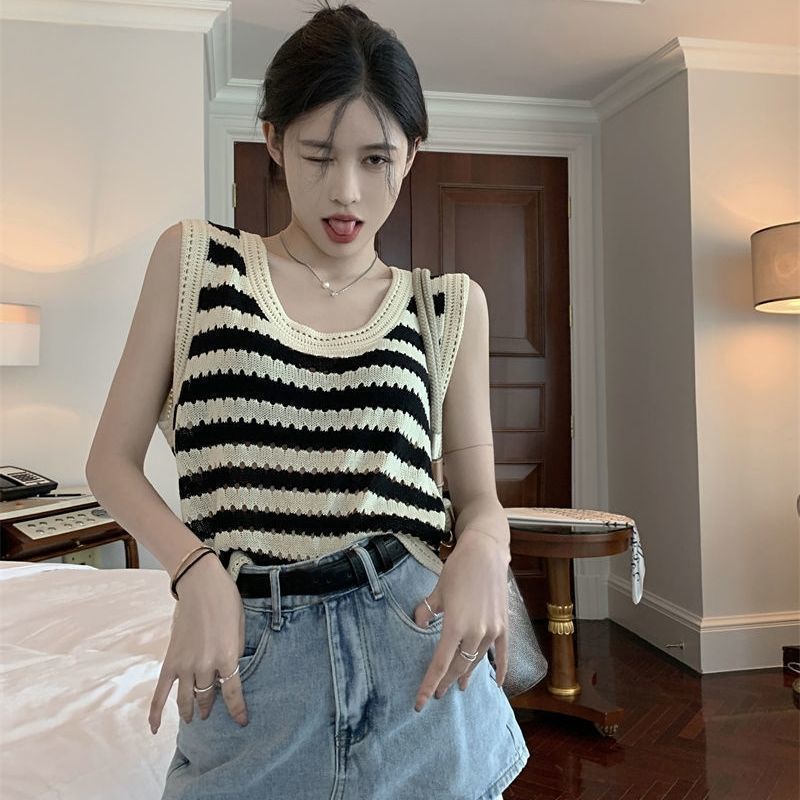 Áo Dệt Kim Hai Dây Dáng Rộng Họa Tiết Kẻ Sọc Trắng Đen Phong Cách Hàn Quốc Thời Trang Mùa Hè Cho Nữ
