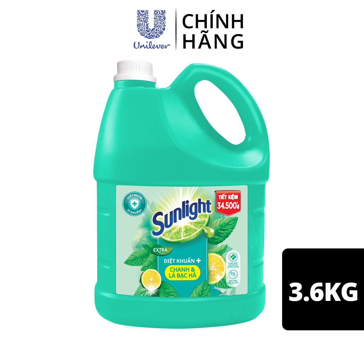 Nước rửa chén Sunlight Diệt Khuẩn Hương Chanh & Lá Bạc Hà chai 3.6kg (MỚI)