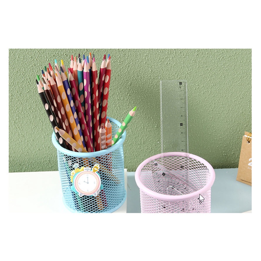 Ống cắm bút, hủ đựng bút, đồ đựng bút bằng sắt kim loại lưới nhiều màu dễ thương hình tròn