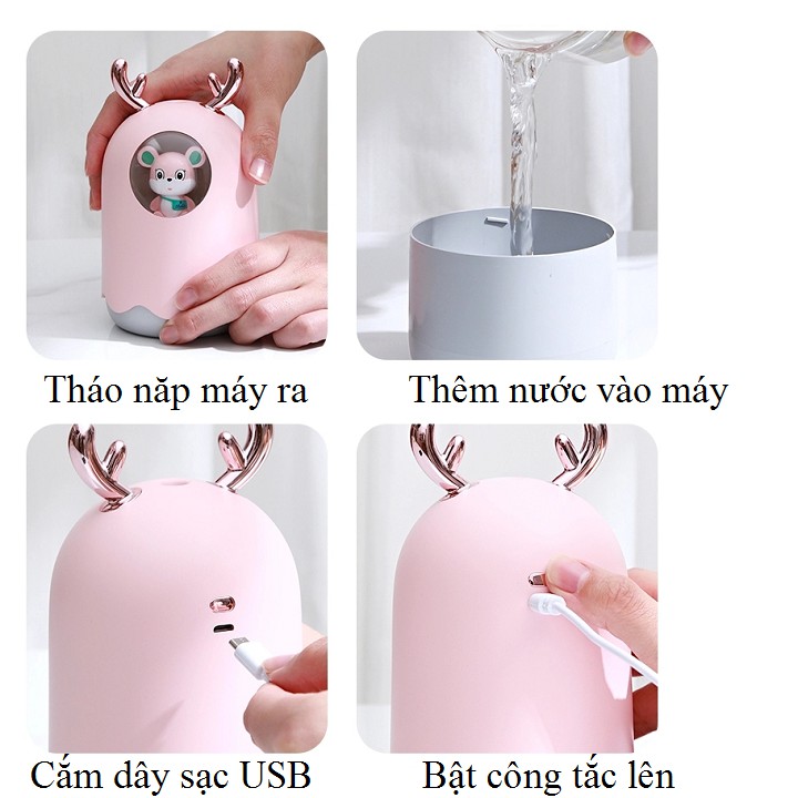 Máy phun sương tạo độ ẩm không khí bằng công nghệ siêu âm nano hình thú cute có đèn led 7 màu làm đèn ngủ tiện lợi