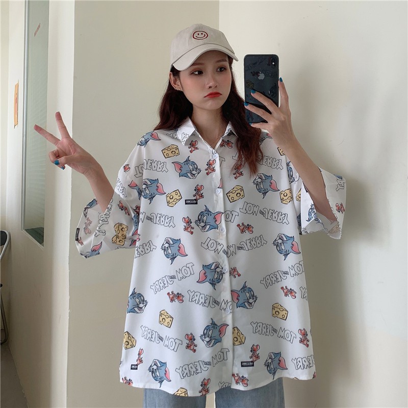 áo sơ mi nữ unisex in hoạt tiết hoạt hình tom and jerry