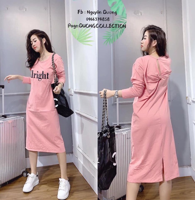 Váy suông xoắn lưng dài tay in chữ Alright chất cottong | BigBuy360 - bigbuy360.vn