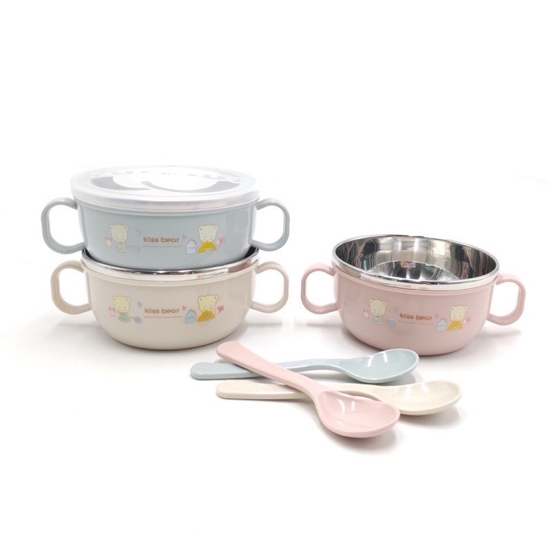 Bát Ăn Dặm Inox 2 lớp Cách Nhiệt Cho Bé Có Tay Cầm Nắp Đậy Kèm Thìa Muỗng, Chén ăn cháo, Bát Ăn Cơm